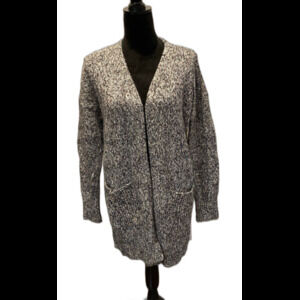 Loft Cardigan Sweater Chunky Oversized Medium Black White Variegated‎ Knit
